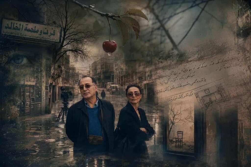لغز المادة المصوّرة: ماذا فعل كيارستمي في اليرموك؟ النص البديل (Alt Text): "A cinematic artistic collage depicting Iranian director Abbas Kiarostami and a companion in a devastated street, symbolizing his 2001 visit to Yarmouk camp."