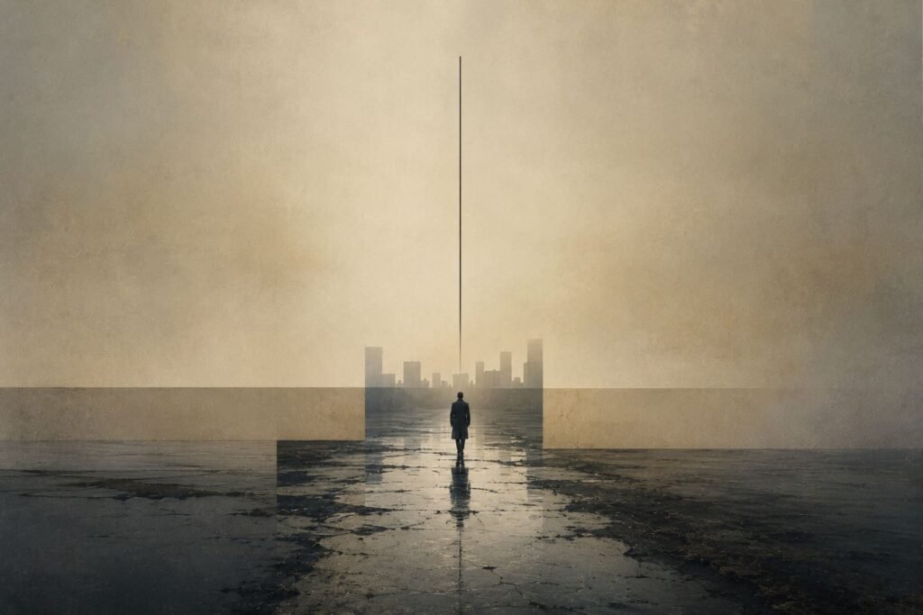 Minimalist surreal artwork inspired by Albert Camus' Doctor Rieux, symbolizing resilience, moral responsibility, and the human struggle against absurdity through abstract architectural forms and light.