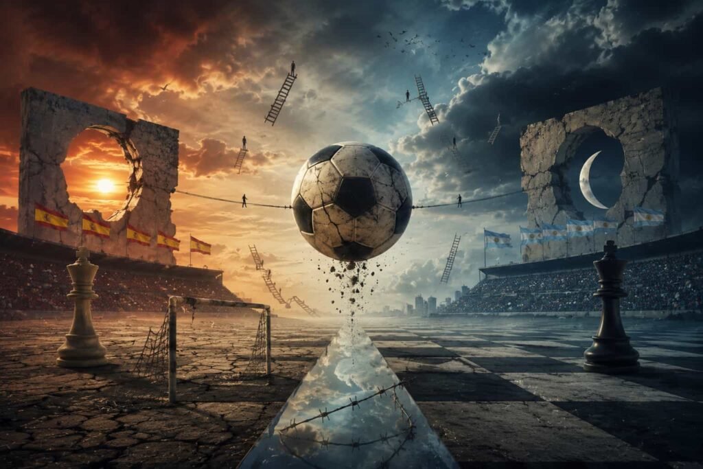 Surreal conceptual artwork of a floating football suspended between two divided worlds, symbolizing political polarization, identity, and the transformation of sport into a cultural battlefield.
