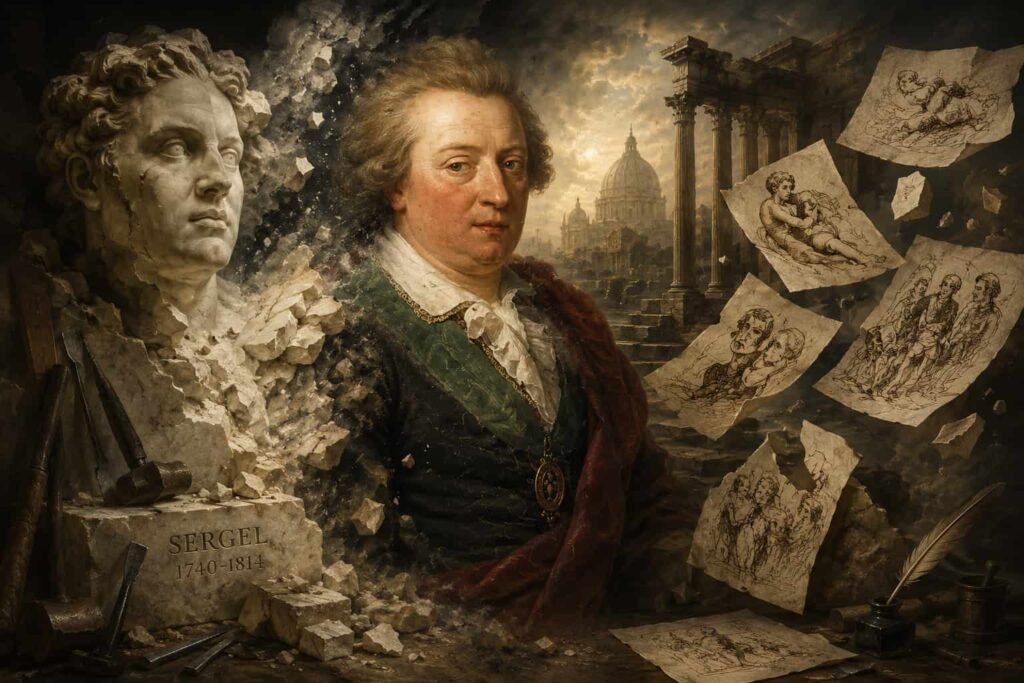 Surreal portrait of Swedish sculptor Johan Tobias Sergel surrounded by marble sculptures, sketches, and classical architectural elements, inspired by his artistic legacy.