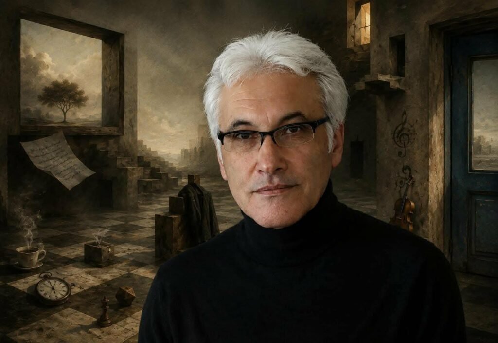 Surreal portrait of Syrian Kurdish poet Khidr Salfig in a symbolic architectural landscape reflecting themes of exile, memory, and modern Arabic poetry.