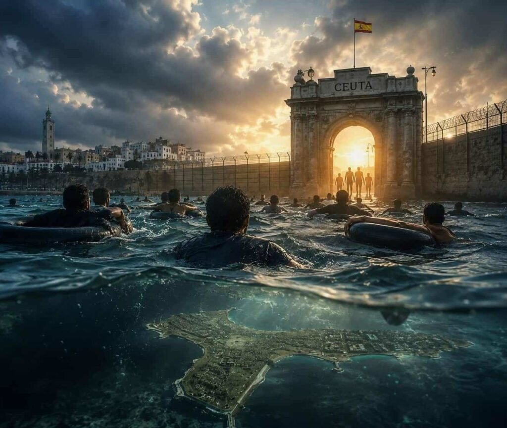 Moroccan migrants swimming in the sea using inner tubes towards the border arch of Ceuta at sunset with a map under the water.