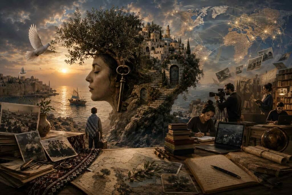 Surreal panoramic artwork symbolizing the Palestinian cultural narrative through memory, diaspora, olive trees, archival photographs, historical documents, and interconnected global communities.