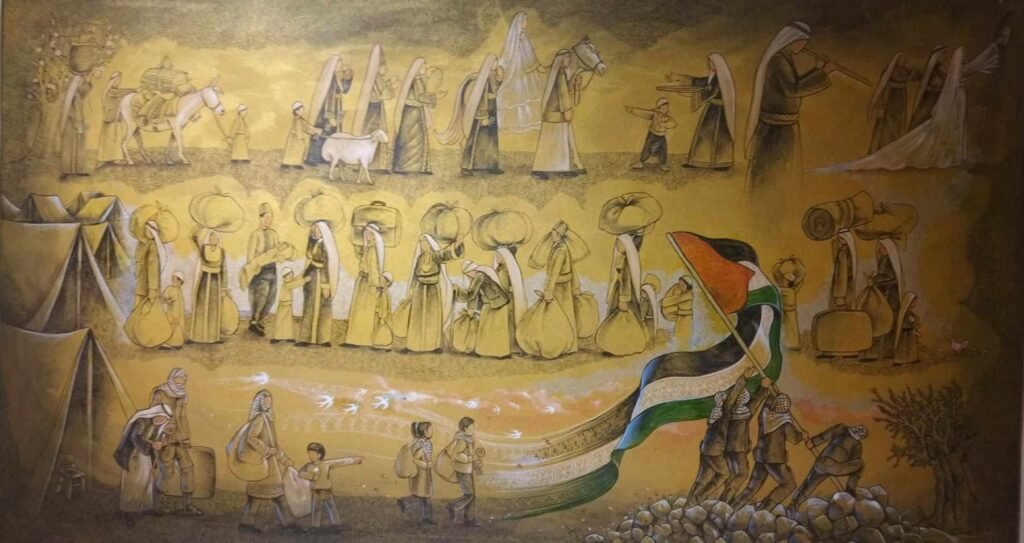 Alt Text: Panoramic painting by Raad Al-Qatnani titled 'From Fa to Noon' depicting the journey of Palestinian refugees carrying their belongings, displacement tents, cultural traditions, and youth raising the Palestinian flag.