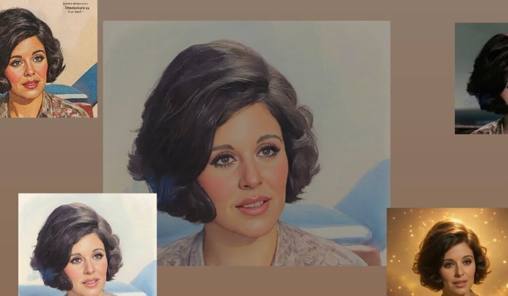"A collage of artistic oil painting portraits of the iconic Egyptian actress Soad Hosny, showcasing her symmetric facial features, expressive eyes, and classic 1960s hairstyle against a warm brown background."