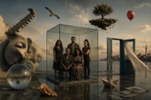 A conceptual representation of Palestinian identity and family under cinematic scrutiny, exploring themes of displacement, memory, and visual narrative tension.