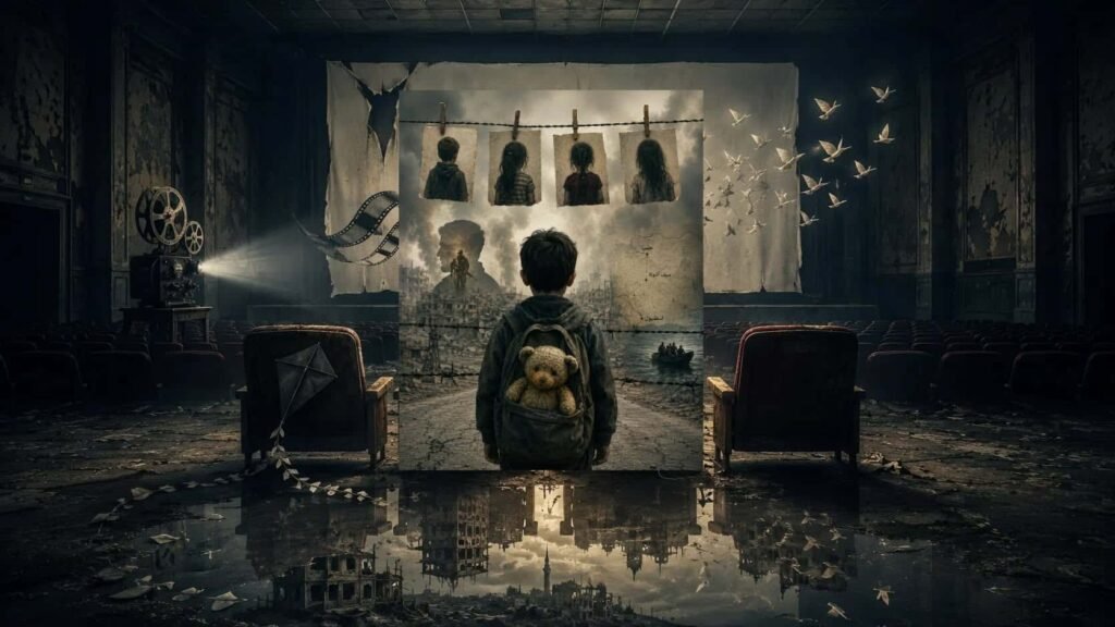 Surreal empty cinema facing a fragmented screen with symbolic childhood objects and distant ruins, representing memory, displacement, and documentary cinema.