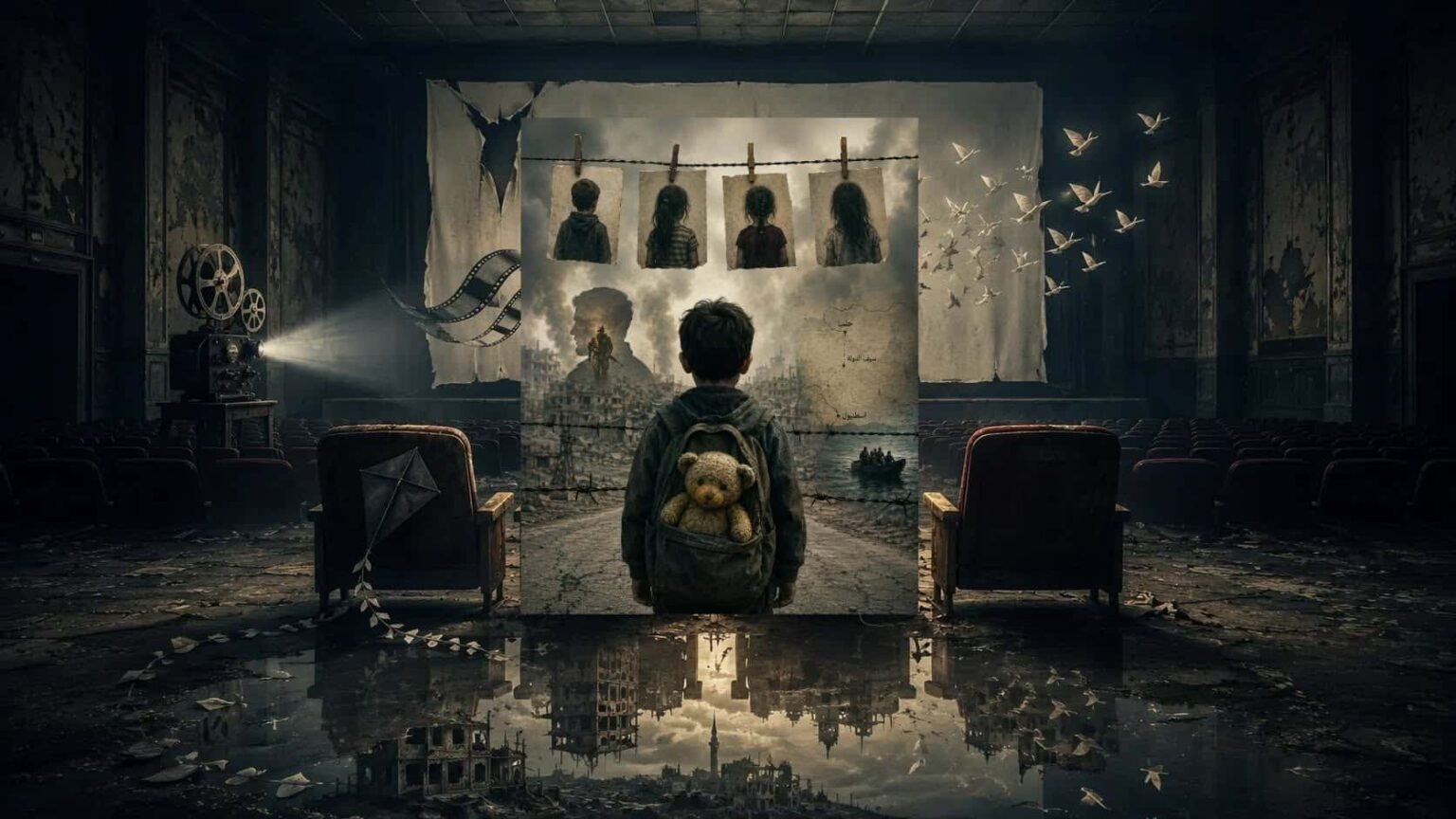 Surreal empty cinema facing a fragmented screen with symbolic childhood objects and distant ruins, representing memory, displacement, and documentary cinema.