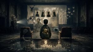 Surreal empty cinema facing a fragmented screen with symbolic childhood objects and distant ruins, representing memory, displacement, and documentary cinema.