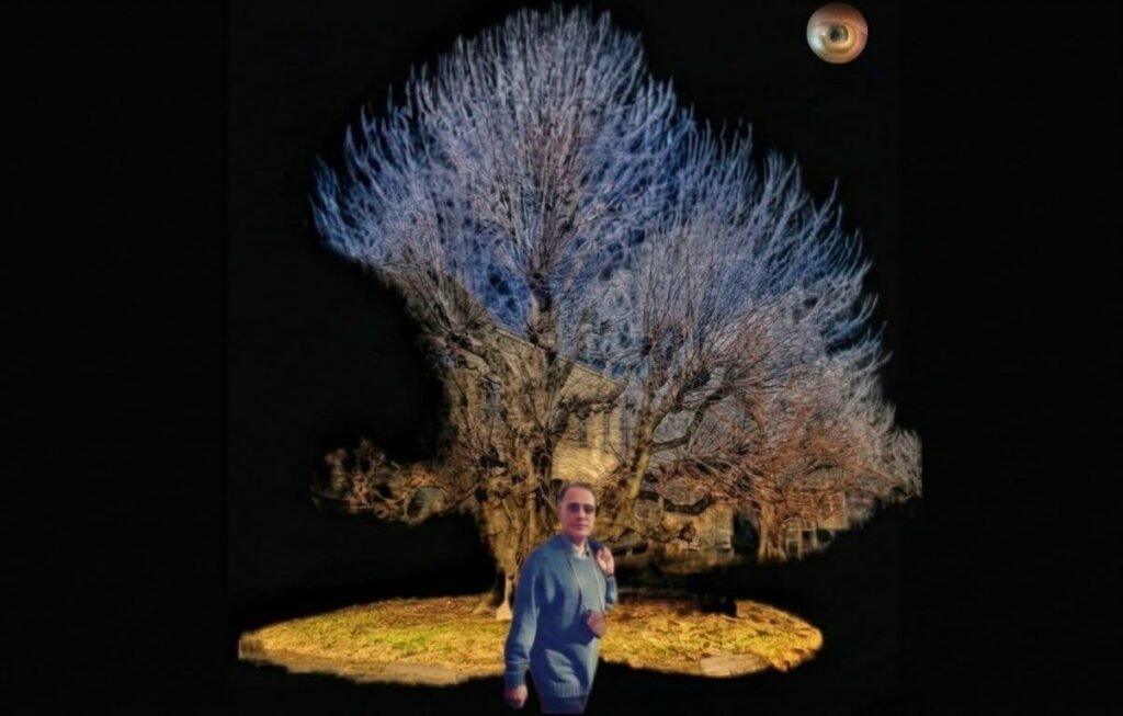 Abbas Kiarostami standing beneath a surreal tree, surrounded by the atmosphere of cinema, memory, and Iranian visual culture.