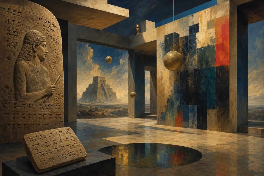 “بيت نيسابا”: الرسم يستعيد قدرته على رواية العالم Surreal architectural space inspired by House of Nisaba, blending Mesopotamian cuneiform, ancient symbolism, contemporary painting and a distant ziggurat.