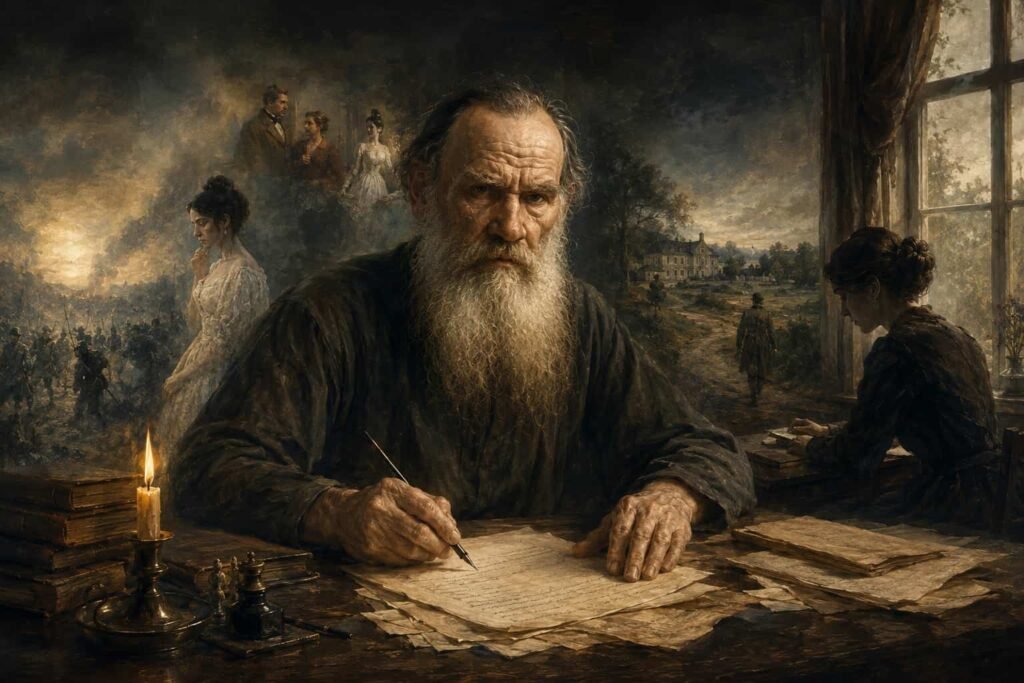 Oil painting portrait of Russian author Leo Tolstoy sitting at his desk writing with a quill candle and historic war scenes in the background