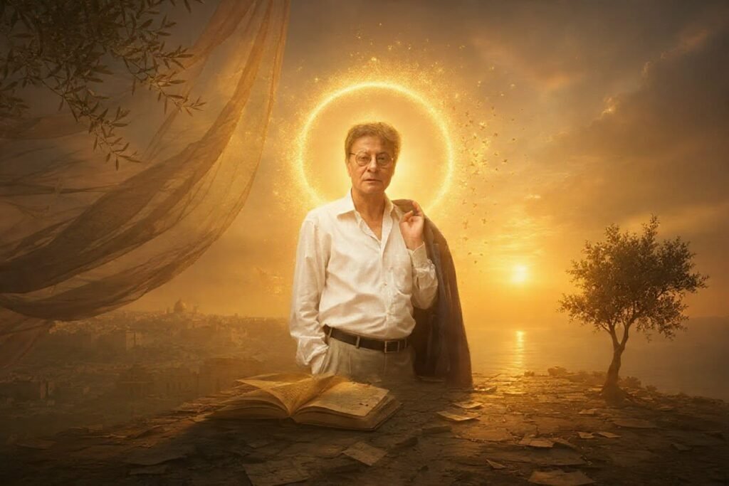 Artistic illustration of Palestinian poet Mahmoud Darwish standing with a golden glowing halo behind him, set against a warm sunset, olive trees, an open book, and the distant skyline of Jerusalem.