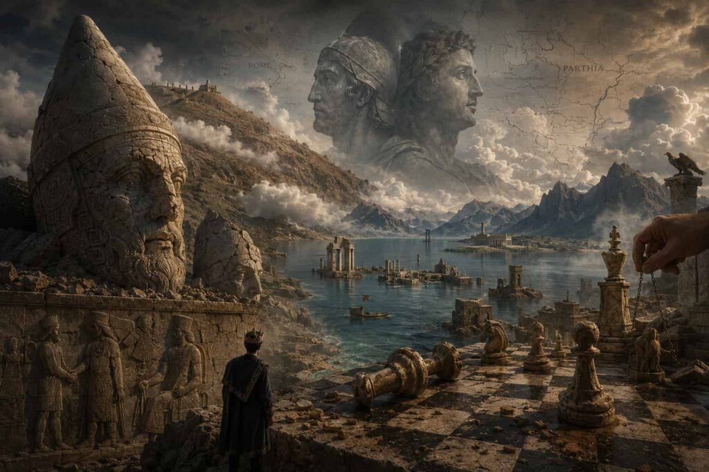 Giant stone heads of ancient gods and King Antiochus I at the summit of Mount Nemrut during sunset