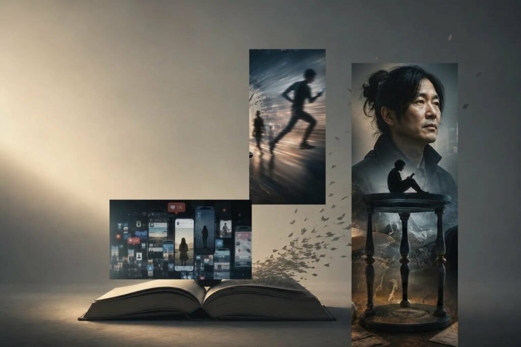 Surreal artwork showing an open book emitting digital social media screens alongside an hourglass and a contemplative man representing literature versus speed