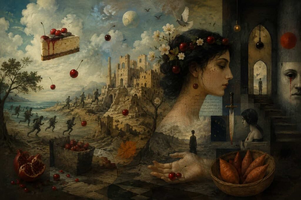 Surreal poetic landscape inspired by Bahraini poet Zainab Hashim Sharaf, featuring floating cherries, an ancient city, running figures, a cherry-crowned woman, symbolic objects, and dreamlike scenes blending memory, love, death, language, and mythology.