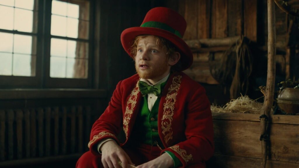 AI-generated cinematic still of a young man dressed in a stylized red coat and hat sitting in a rustic wooden interior.