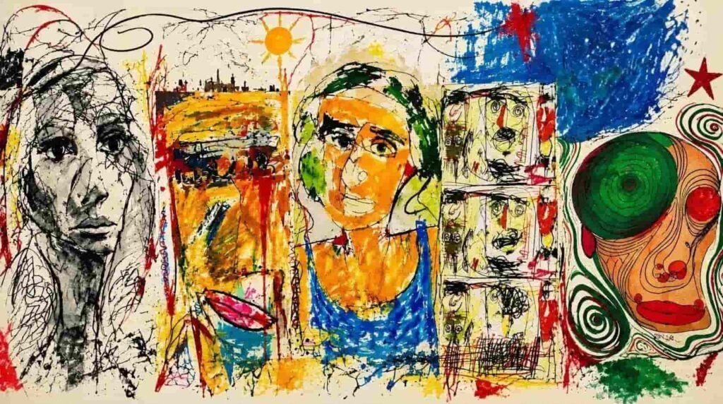 An abstract expressionist painting featuring multiple stylized human portraits with vibrant colors, distorted features, and textured lines.