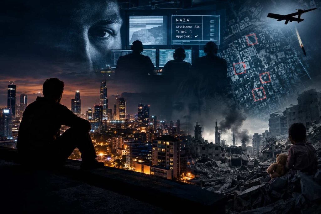 Digital artwork conceptualizing the NAZA documentary showing military personnel operating AI screens above a war-torn city and a dark skyline.