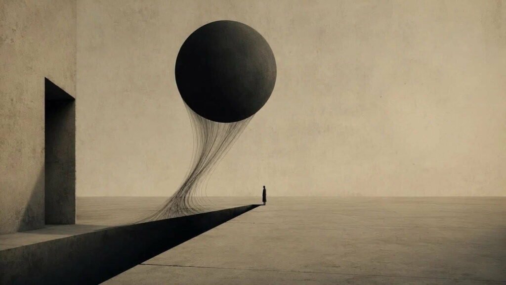 Minimalist surreal artwork depicting a lone silhouette standing before a massive dark sphere connected by thin threads to a shadow, representing the poetics of trace and absence.