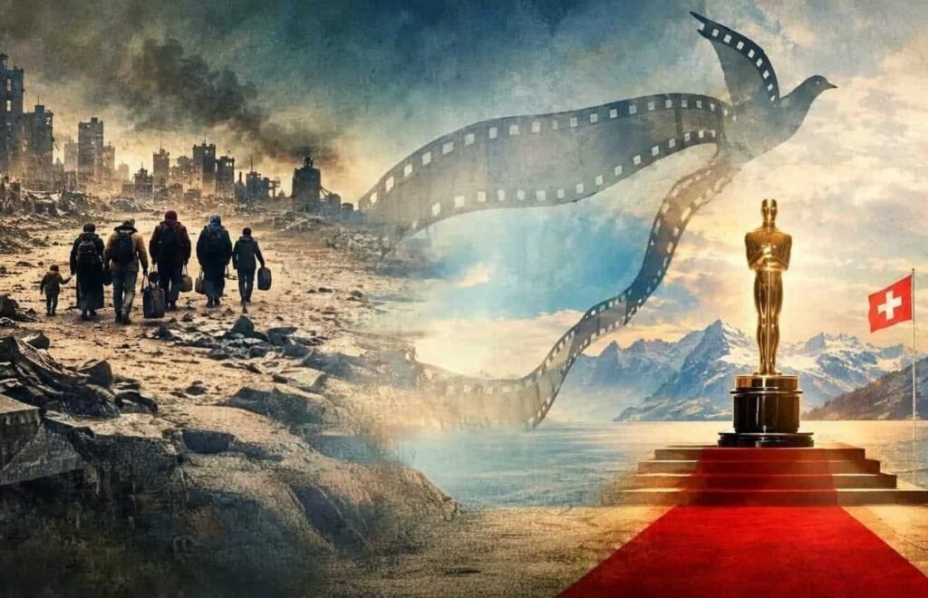 Artistic illustration showing a silhouette of a Palestinian boy with film reels and a keffiyeh, displaced refugees in the background, a film strip turning into a dove, and an Oscar statuette beside the Swiss flag.