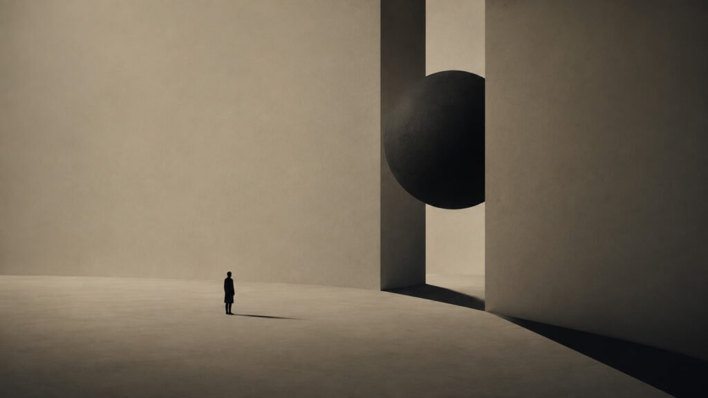 Surreal minimal artwork showing a tiny human silhouette standing before a massive dark sphere suspended between giant walls representing writing and speech philosophy