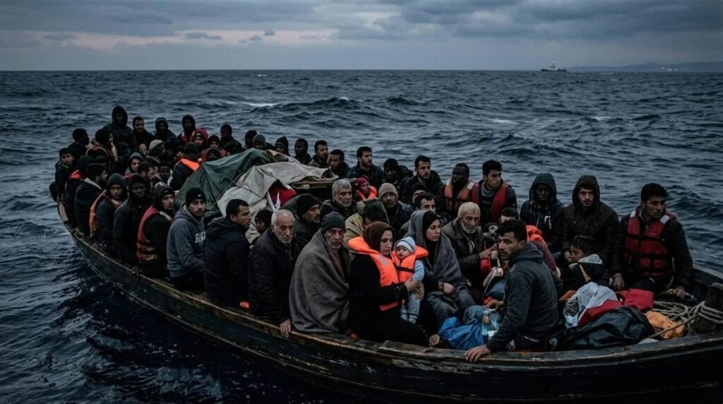 طريق بحر إيجه: حكايات واحد وأربعين مهاجراً تائهاً A crowded small wooden boat carrying numerous migrants and refugees wearing life jackets navigating the choppy waters of the Aegean Sea under an overcast sky.
