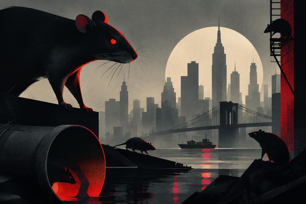 Minimalist surreal dystopian illustration of giant rats with glowing red eyes emerging among dark New York City bridges, industrial ruins, and fog-shrouded streets beneath a pale moon.