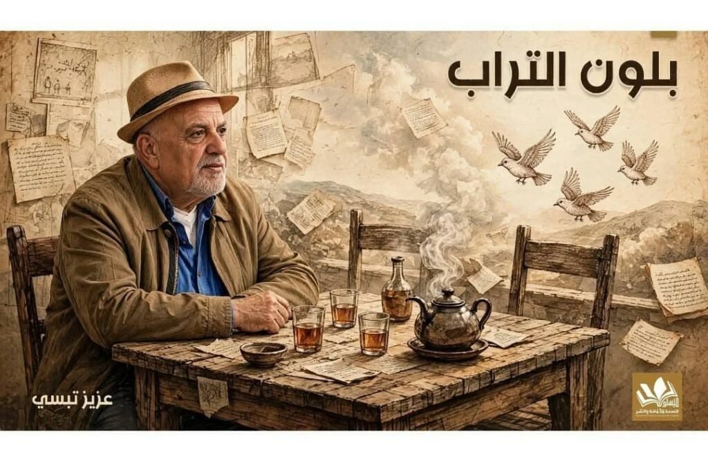 Cover of the Arabic novel Balawn Al-Turab by Aziz Tebsi, featuring an elderly man with a hat at a wooden table with tea and flying doves in a rustic background.