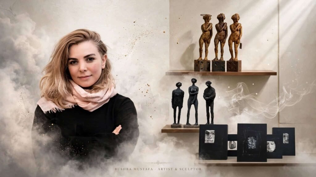 Surreal editorial portrait of Syrian visual artist Bushra Mustafa beside figurative sculptures and mixed-media artworks, evoking themes of memory, the body, place, and loss.