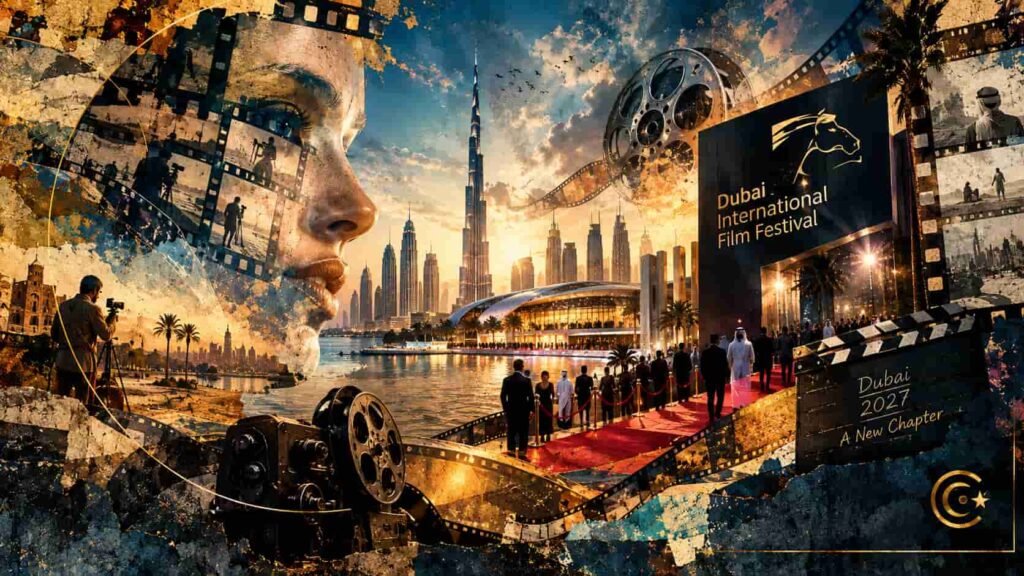 مهرجان دبي السينمائي يعود.. لكن إلى أي سينما يعود؟ Surreal cinematic panorama of Dubai returning to the international film festival scene, blending the skyline, cinema imagery, film reels, and a red carpet.