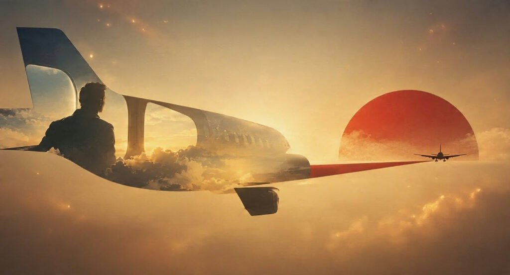 A cinematic illustration of a passenger looking out an airplane window merging with a sky view and a red sun, representing the theme of passengers turning into heroes in hijacking movies.