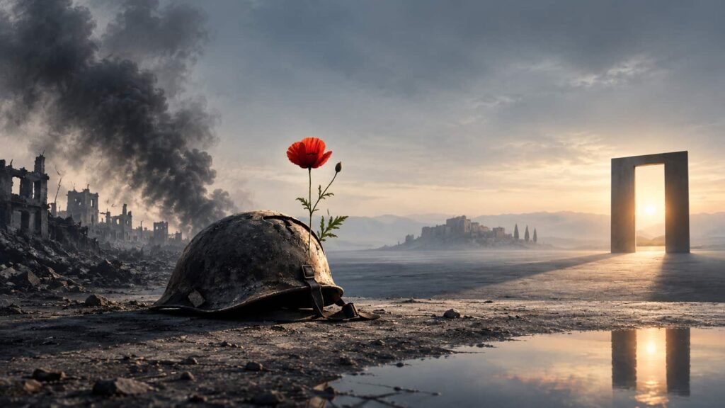 ميتافيزيقا الحرب: من غياب البطل إلى آلة الإبادة A surreal digital artwork depicting a military helmet on a desolate, war-torn battlefield with smoke and ruins, out of which a single vibrant red poppy flower blooms, facing a glowing architectural archway representing a distant horizon at sunset.