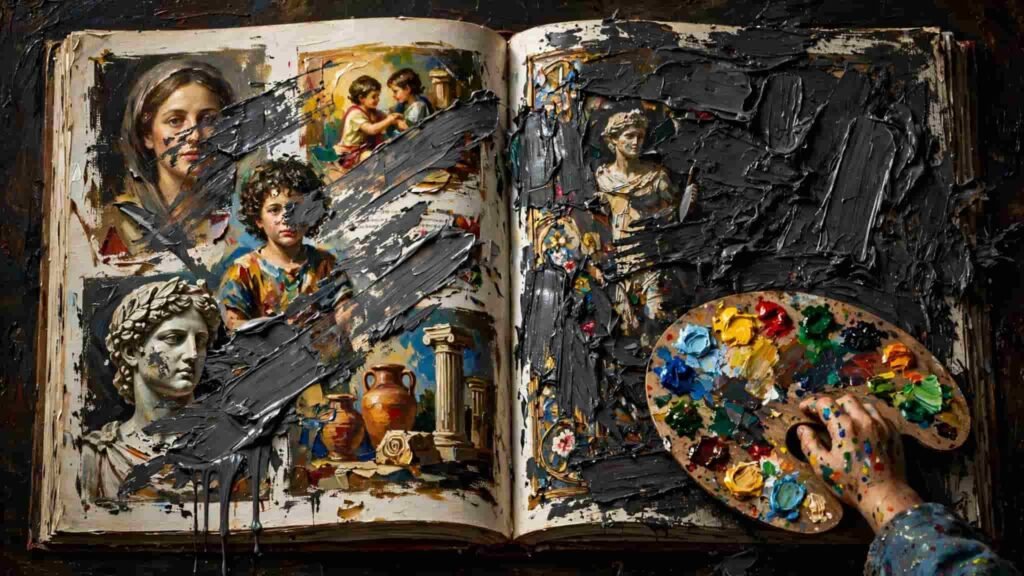 An open vintage book featuring classical paintings and ancient Greek statues, with a hand holding a wooden artist palette covered in colorful oil paints and dark paint strokes slashing across the pages.