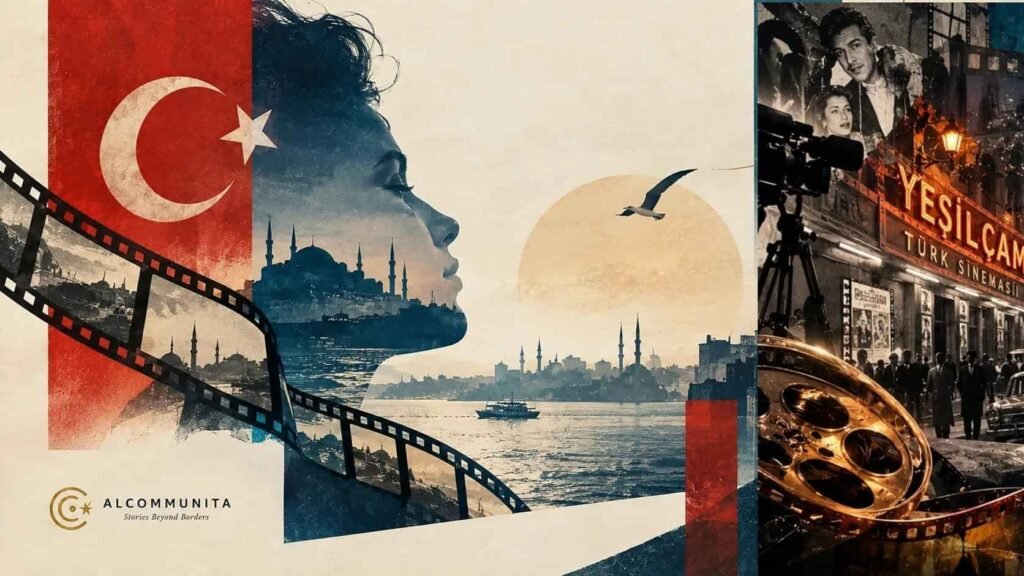 A cinematic collage representing Turkish cinema, featuring a profile silhouette of a person overlaid with Istanbul landmarks and the Turkish flag, alongside vintage film strips and a reference to Yesilcam studios.